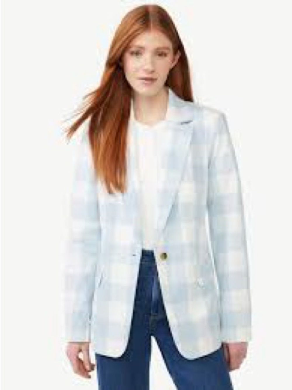 Light Blue Plaid Single-Button Women's Blazer